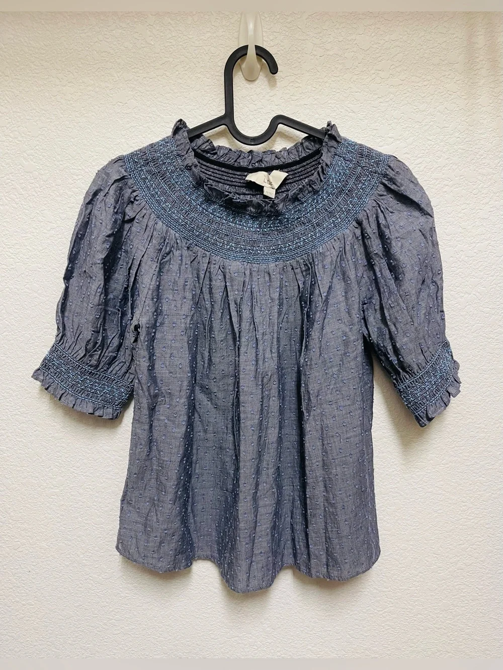 LOFT Smocked on-off Shoulder Swiss Dot Texture Blouse Cottagecore Size XS